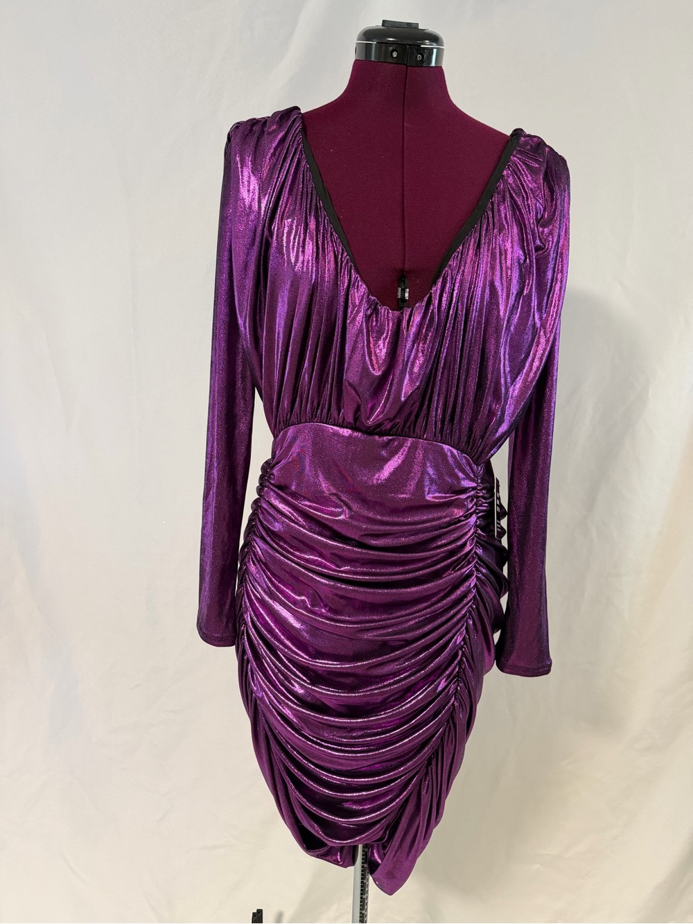 Express Shimmery Purple Ruched Long-Sleeve Dress